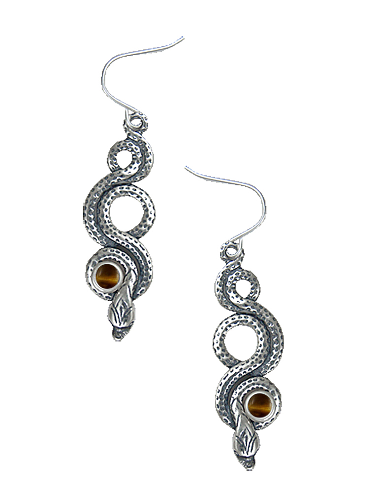 Sterling Silver Snake Drop Dangle Earrings With Tiger Eye